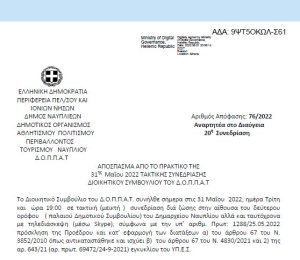 Απόφαση &quot;Περί συνδιοργάνωσης εκδήλωσης του Σωματείου με την επωνυμία « Αθλητικός Πολιτιστικός Προοδευτικός Γυμναστικός Σύλλογος Ναυπλίου ΧΟΡΟΚΙΝΗΣΗ» με το Ν.Π. και εξειδίκευση πίστωσης.&quot; 76/2022