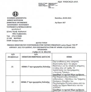 Πίνακας Θεμάτων που Συζητήθηκαν στην Τακτική Συνεδρίαση ( μέσω Skype) της 9ης Απριλίου 2021