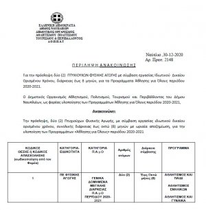Για το πρόγραμμα &quot;Άθληση για Όλους&quot; πρόσληψη δύο (2) Πτυχιούχων Φυσικής Αγωγής