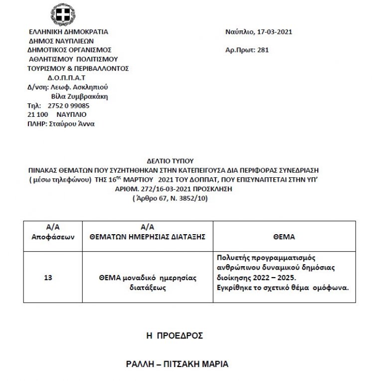 Πίνακας Θεμάτων που Συζητήθηκαν στην Κατεπείγουσα δια περιφοράς  Συνεδρίαση ( μέσω τηλεφώνου) της 16ης Μαρτίου 2021