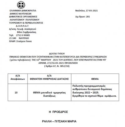 Πίνακας Θεμάτων που Συζητήθηκαν στην Κατεπείγουσα δια περιφοράς  Συνεδρίαση ( μέσω τηλεφώνου) της 16ης Μαρτίου 2021