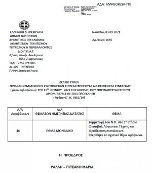 ΠΙΝΑΚΑΣ ΘΕΜΑΤΩΝ ΠΟΥ ΣΥΖΗΤΗΘΗΚΑΝ ΣΤΗΝ ΚΑΤΕΠΕΙΓΟΥΣΑ ΔΙΑ ΠΕΡΙΦΟΡΑΣ ΣΥΝΕΔΡΙΑΣΗ (μέσω τηλεφώνου) ΤΗΣ 11ης Ιουνίου 2021