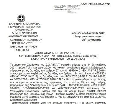 Απόφαση 3ης Αναμόρφωσης Προϋπολογισμού του  Δ.Ο.Π.Π.Α.Τ. οικ. Έτους 2021