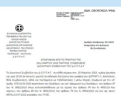 Απόφαση «Περί διοργάνωσηςΠερί ναυαγοσωστικής κάλυψης του κολυμβητηρίου και λοιπών μέτρων ασφαλείας.» 30/2023