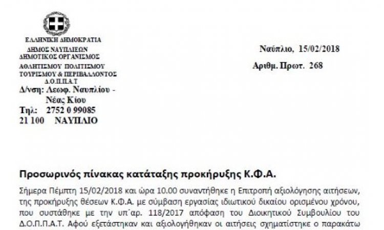 Προσωρινός πίνακας κατάταξης προκήρυξης ΚΦΑ