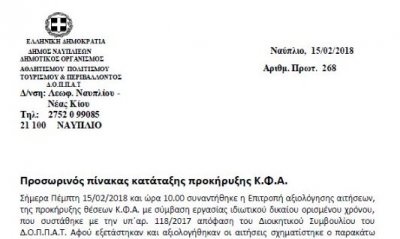 Προσωρινός πίνακας κατάταξης προκήρυξης ΚΦΑ