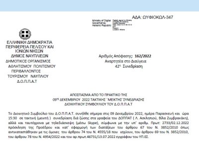 Απόφαση «Τροποποίηση της υπ’ αριθμ. 151/2022 Α.Δ.Σ. του Ν.Π.» 162/2022