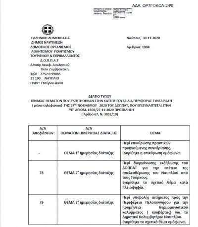 Πίνακας Θεμάτων που Συζητήθηκαν στην Κατεπείγουσα δια περιφοράς  Συνεδρίαση ( μέσω τηλεφώνου) της 27ης Νοεμβρίου 2020
