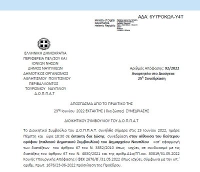 Απόφαση «Περί συνδιοργάνωσης εκδήλωσης του ΚΕΘΕΑ ΚΥΤΤΑΡΟ- ΟΞΥΓΟΝΟ με το Ν.Π. και εξειδίκευση πίστωσης.» 92/2022
