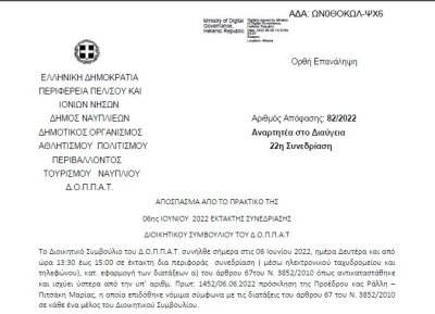 Απόφαση «Έκτη (6η ) αναμόρφωση του προϋπολογισμού του οικονομικού έτους 2022 του Δ.Ο.Π.Π.Α.Τ.» 82/2022