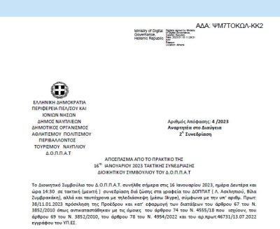 Απόφαση «Έγκριση απολογιστικών οικονομικών στοιχείων έτους 2022 του Δ.Ο.Π.Π.Α.Τ.» 04/2023