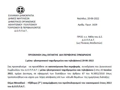 ΠΡΟΣΚΛΗΣΗ 24ης ΕΚΤΑΚΤΗΣ ΔΙΑ ΠΕΡΙΦΟΡΑΣ ΣΥΝΕΔΡΙΑΣΗΣ