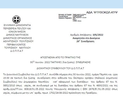 Απόφαση «Περί συνδιοργάνωσης αθλητικής εκδήλωσης του συλλόγου ΤΣΑΟΙ ΛΙ ΦΑΤ με το Ν.Π. και εξειδίκευση πίστωσης.» 105/2022