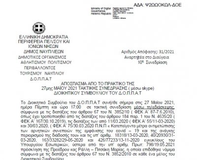 Απόφαση Περί απαλλαγής καταβολής μισθωμάτων των αθλητικών κυλικείων του Ν.Π.
