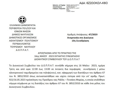 Απόφαση &quot; για την πραγματοποίηση δράσης – ποδηλατάδας του Δημοτικού Σχολείου Τολού.&quot; 47/2023