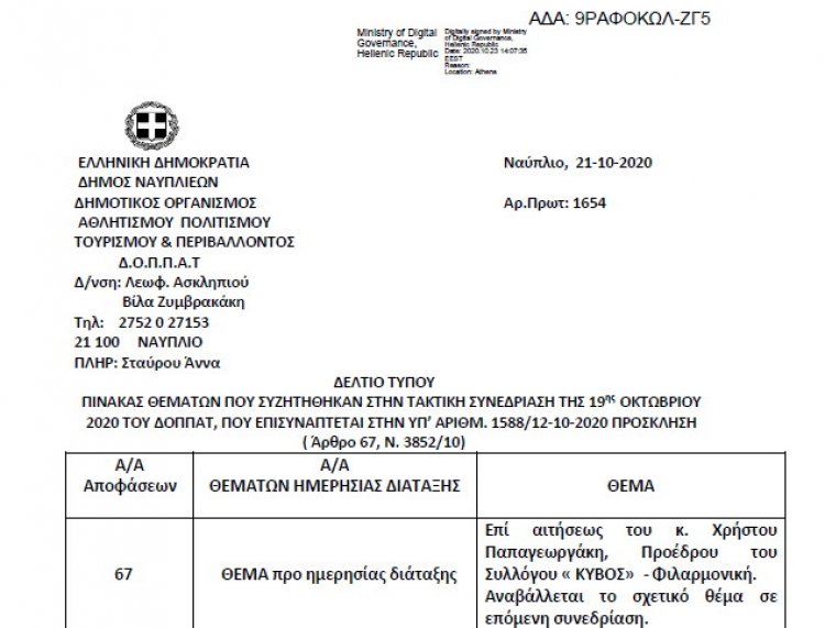 ΠΙΝΑΚΑΣ ΘΕΜΑΤΩΝ ΠΟΥ ΣΥΖΗΤΗΘΗΚΑΝ ΣΤΗΝ ΤΑΚΤΙΚΗ ΣΥΝΕΔΡΙΑΣΗ ΤΗΣ 19ης ΟΚΤΩΒΡΙΟΥ 2020