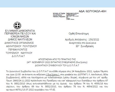 Απόφαση «Δέκατη (10η ) αναμόρφωση του προϋπολογισμού του οικονομικού έτους 2022 του Δ.Ο.Π.Π.Α.Τ.» 156/2022