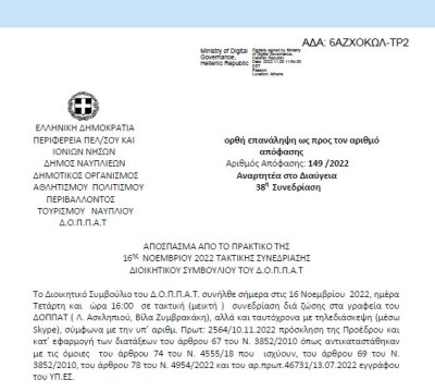 Απόφαση «Έγκριση και ψήφιση κανονισμού λειτουργίας Βουλευτικού.» 149/2022