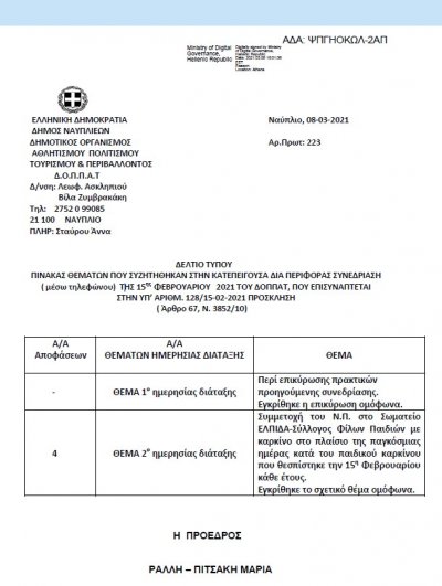 Πίνακας Θεμάτων που Συζητήθηκαν στην Κατεπείγουσα δια περιφοράς  Συνεδρίαση ( μέσω τηλεφώνου) της 15ης Φεβρουαρίου 2021